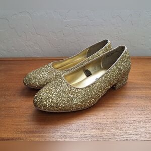 Vintage Gold Dorothy Slippers Glitter Slip On Ballet Dress Shoes Oz Kids Size 4